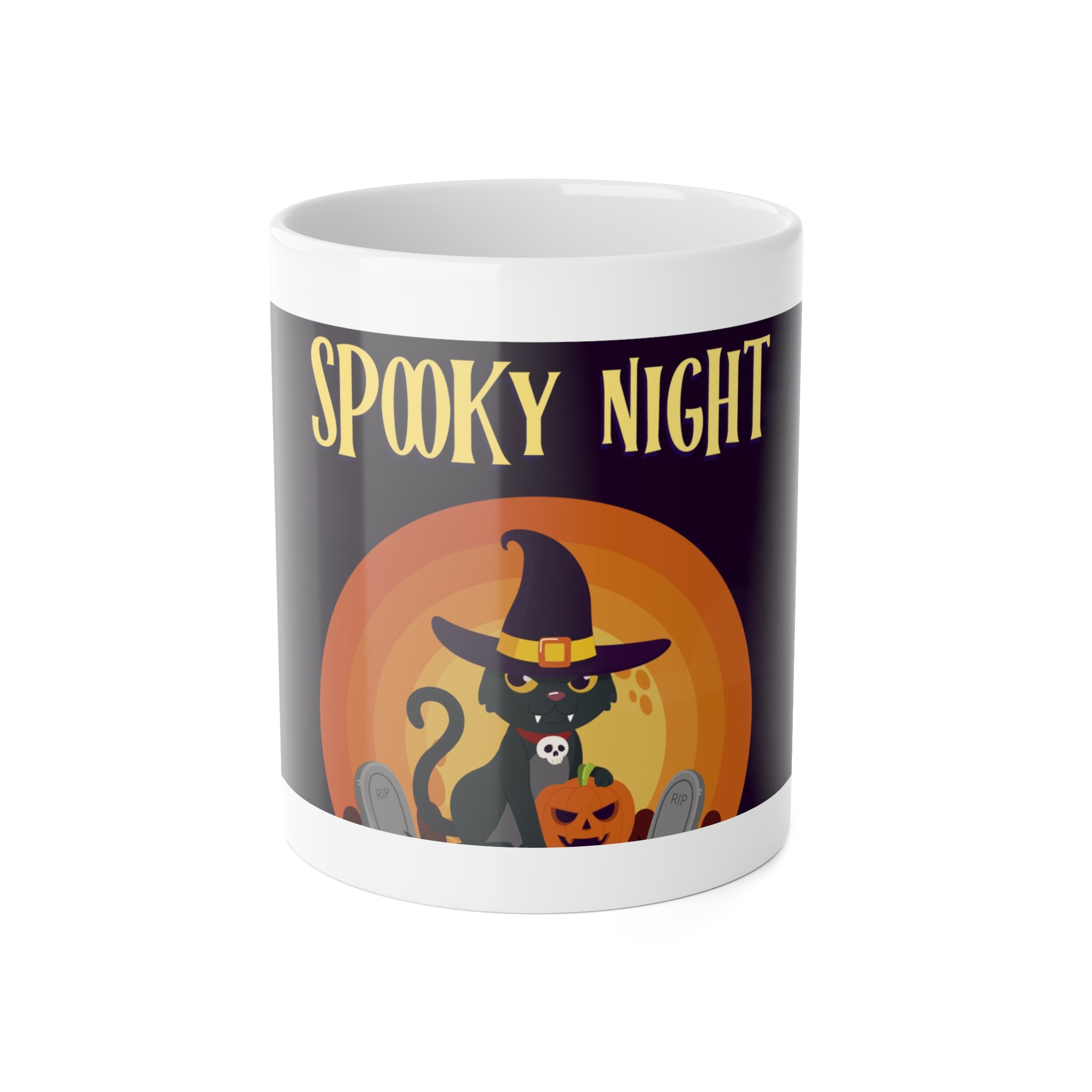 Spooky Night in a Creepy Graveyard | Halloween Black Cat, Ghosts, and Pumpkins | White Ceramic Mug